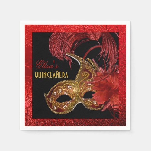 Masquerade Quinceaera party gold red foil Paper Napkins