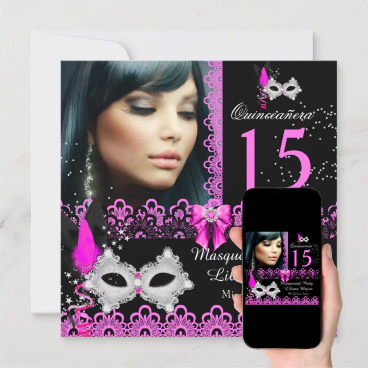 Masquerade Quinceanera Party Hot Pink Lace Invitation Zazzle