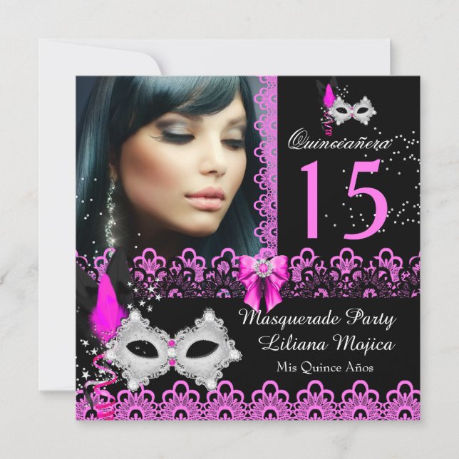 Masquerade Quinceanera Party Hot Pink Lace Invitation (Front)