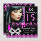 Masquerade Quinceanera Party Hot Pink Lace Invitation (Front/Back)