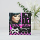 Masquerade Quinceanera Party Hot Pink Lace Invitation (Standing Front)