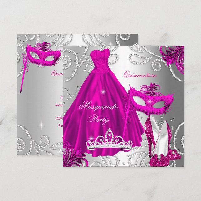 Masquerade Quinceanera Party Pink Silver Dress Invitation (Front/Back)