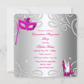 Masquerade Quinceanera Party Pink Silver Dress Invitation (Back)
