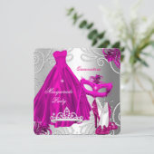 Masquerade Quinceanera Party Pink Silver Dress Invitation (Standing Front)