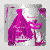 Masquerade Quinceanera Party Pink Silver Dress Invitation (Front/Back)