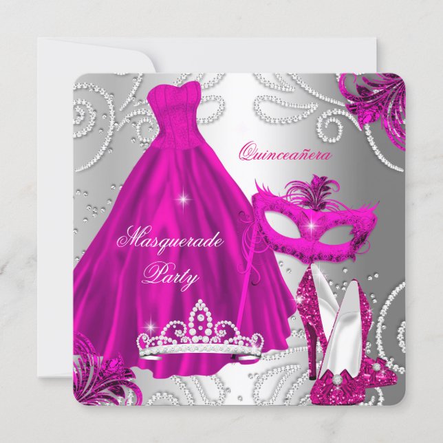 Masquerade Quinceanera Party Pink Silver Dress Invitation (Front)