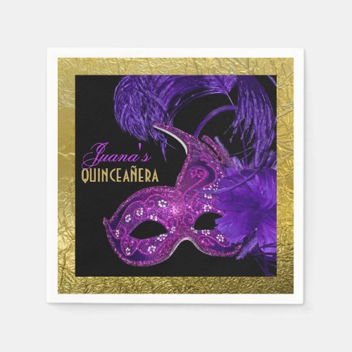 Masquerade Quinceaera party purple faux gold foil Paper Napkins