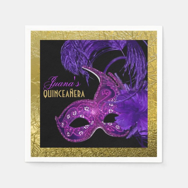 Masquerade Quinceañera party purple faux gold foil Paper Napkins (Front)