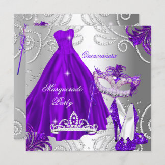 Masquerade Quinceanera Party Purple Silver Dress Invitation