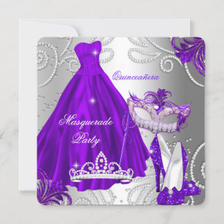 Masquerade Quinceanera Party Purple Silver Dress Invitation