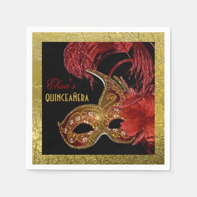 Masquerade Quinceañera party red, faux gold foil Paper Napkins (Front)