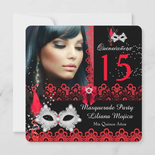 Masquerade Quinceanera Party Red Lace Invitation (Front)