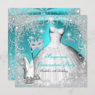 Masquerade Quinceanera Party Teal White Snowflake Invitation