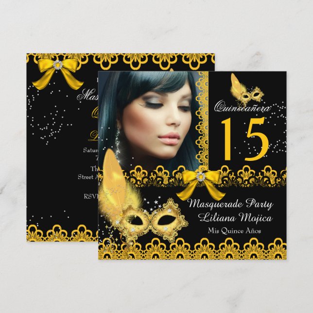 Masquerade Quinceanera Party Yellow Gold Lace Invitation (Front/Back)