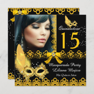 Masquerade Quinceanera Party Yellow Gold Lace Invitation