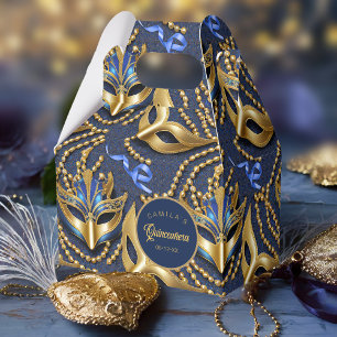 Masquerade Quinceanera Pattern Blue Gold ID1031 Favor Boxes
