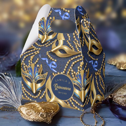 Masquerade Quinceanera Pattern Blue Gold ID1031 Favor Boxes