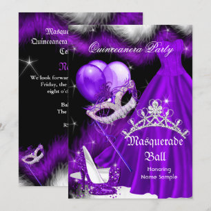 Masquerade Quinceanera Purple Black Feather 2a Invitation