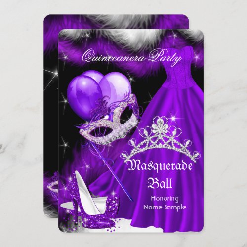 Masquerade Quinceanera Purple Black Feather 2a Invitation