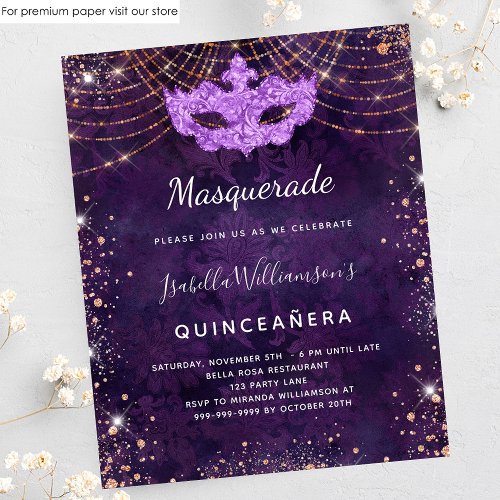 Masquerade Quinceanera purple budget invitation Flyer