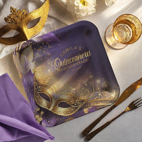 Masquerade Quinceanera Purple Gold ID1031 Paper Plates