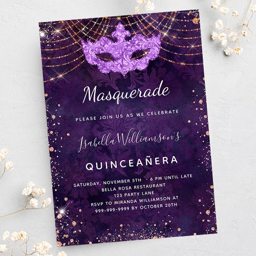 Masquerade Quinceanera purple rose gold party Invitation