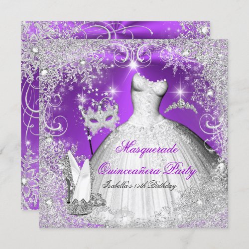 Masquerade Quinceanera Purple Silver Snowflakes Invitation