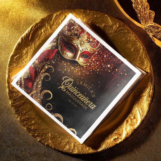 Masquerade Quinceanera Red Gold ID1031 Paper Dinner Napkins (Creator Uploaded)
