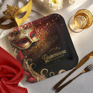 Masquerade Quinceanera Red Gold ID1031 Paper Plates