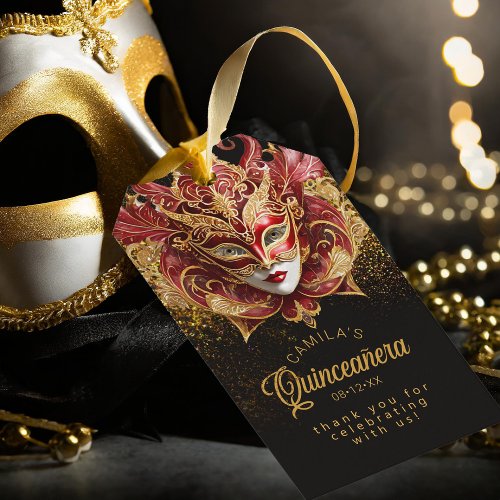 Masquerade Quinceanera Red Gold V2 ID1031 Gift Tag