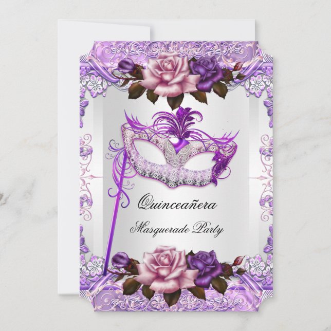 Masquerade Quinceanera Silver Pink Purple Rose Invitation (Front)