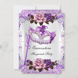 Masquerade Quinceanera Silver Pink Purple Rose Invitation