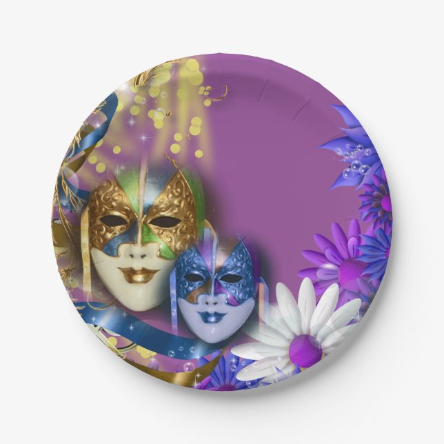 Masquerade quinceanera Venetian masks PERSONALIZE Paper Plates (Front)