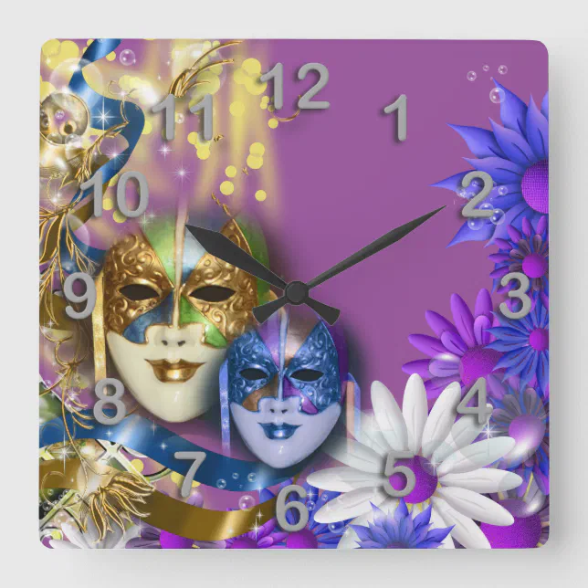 Masquerade quinceanera Venetian masks PERSONALIZE Square Wall Clock ...