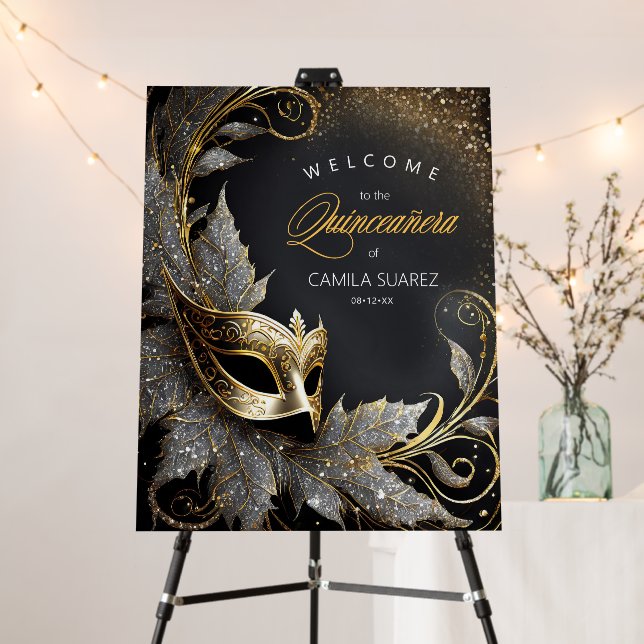 Masquerade Quinceañera Welcome Black Gold ID1031 Foam Board (In Situ (Stand))