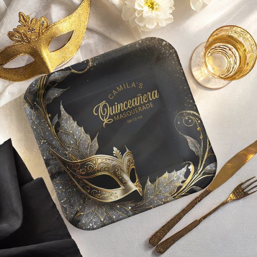 Masquerade Quinceaera Welcome Black Gold ID1031 Paper Plates