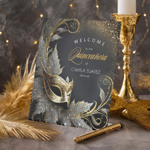 Masquerade Quinceañera Welcome Black Gold ID1031 Pedestal Sign