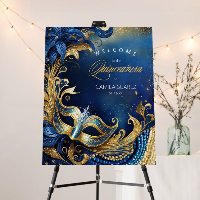 Masquerade Quinceañera Welcome Blue Gold ID1031 Foam Board (In Situ (Stand))