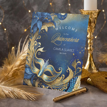 Masquerade Quinceañera Welcome Blue Gold Id1031 Pedestal Sign by arrayforcards at Zazzle
