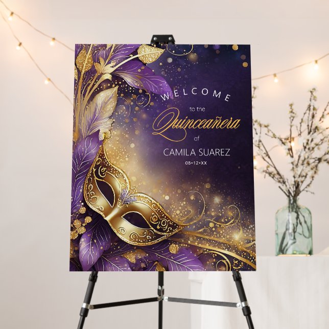 Masquerade Quinceañera Welcome Purple Gold ID1031 Foam Board (In Situ (Stand))