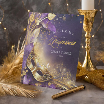Masquerade Quinceañera Welcome Purple Gold Id1031 Pedestal Sign by arrayforcards at Zazzle