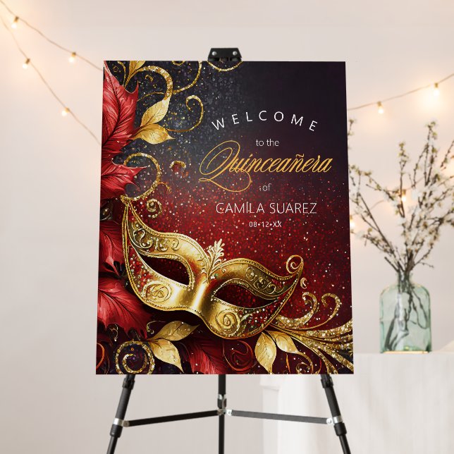 Masquerade Quinceañera Welcome Red Gold ID1031 Foam Board (In Situ (Stand))