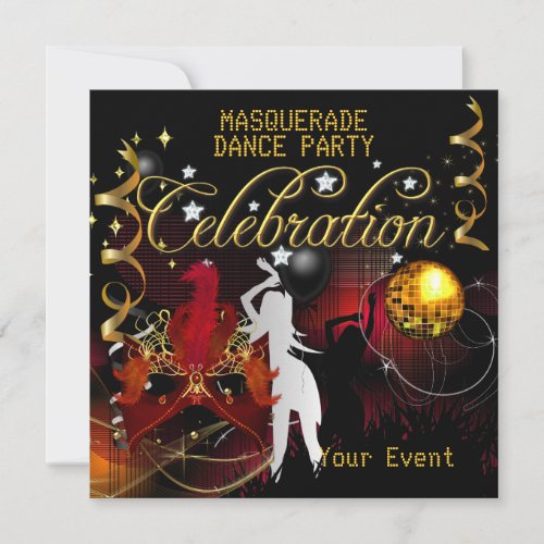 MASQUERADE Red Gold Dance Party Disco Ball Invitation