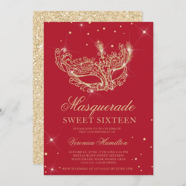 Masquerade red gold glitter mask Sweet 16 Invitation (Front/Back)