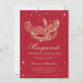 Masquerade red gold glitter mask Sweet 16 Invitation (Front)
