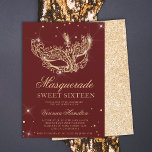 Masquerade red gold glitter mask Sweet 16 Invitation<br><div class="desc">A modern,  chic and glamorous sweet sixteen with a hand drawn gold glitter masquerade mask with gold glitter diamond sparkles on an editable red bugundy background with gold glitter at the back.</div>