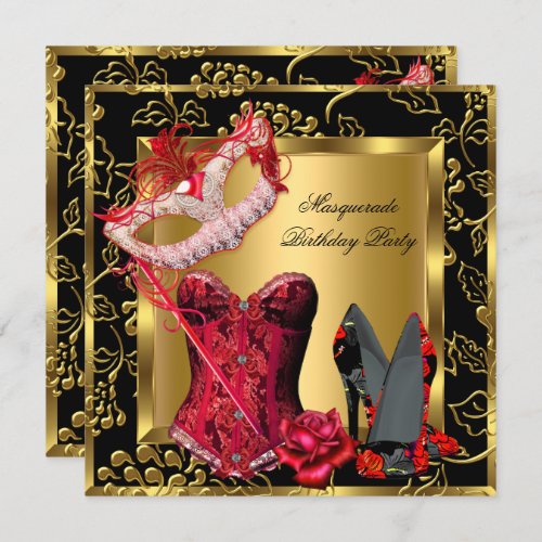 Masquerade Red High Heels Mask Corset Rose Lace Invitation