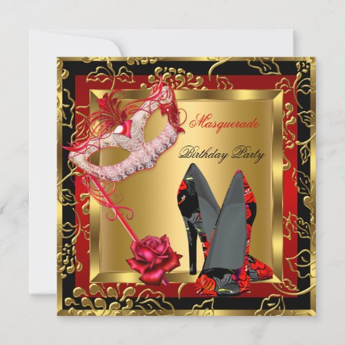 Masquerade Red High Heels Mask Rose Gold Lace Invitation