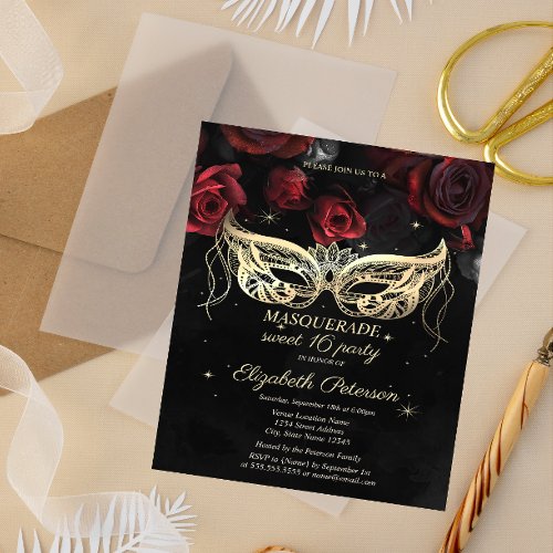Masquerade Red Roses Gothic Sweet 16 Invitation Postcard