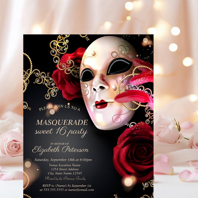 Masquerade Red Roses Sweet 16  Invitation Postcard (Creator Uploaded)
